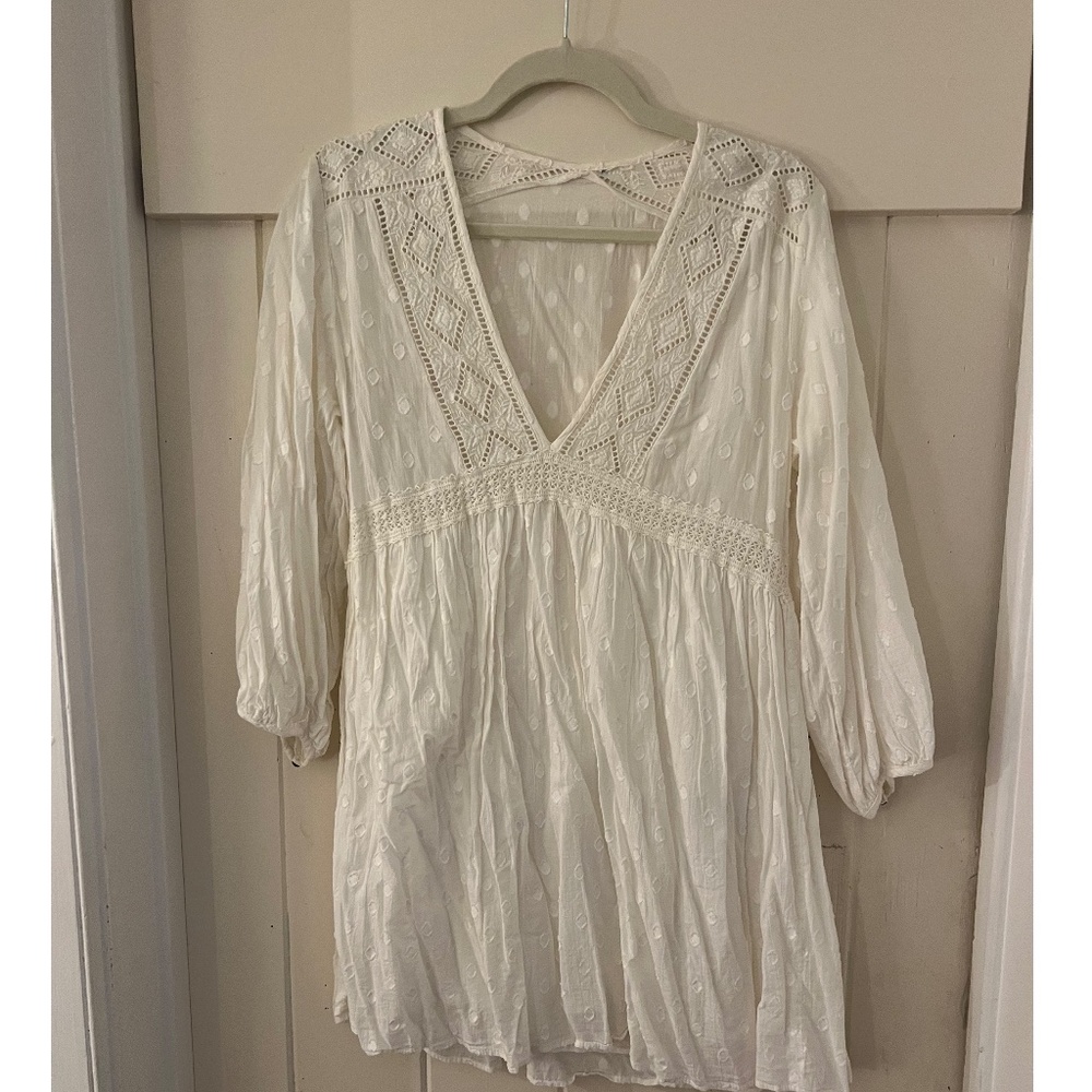 Swiss Dot Embroidered, Deep-V Cotton Mini Babydoll Dress from Zara, Cream, Small